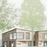 Modernes Gebäude mit Bäumen.